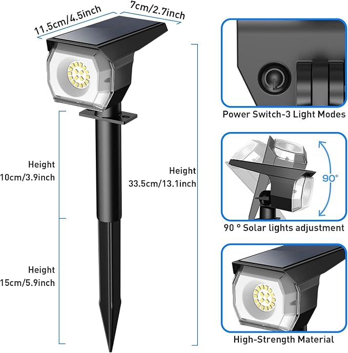 EIUIO Solar Outdoor Lights 3 Lighting Modes Solar Spot Lights Outdoor with Auto On/Off Waterproof Landscape Lighting for Garden Yard Pathway
