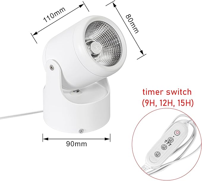 5W Full Spectrum Spot Light Plant Growing Light 5.9 Feet Timing Switch Cord Indoor Wall Mounted Adjusted Angle Floor Stand Lighting Modern Style for Indoor Plants