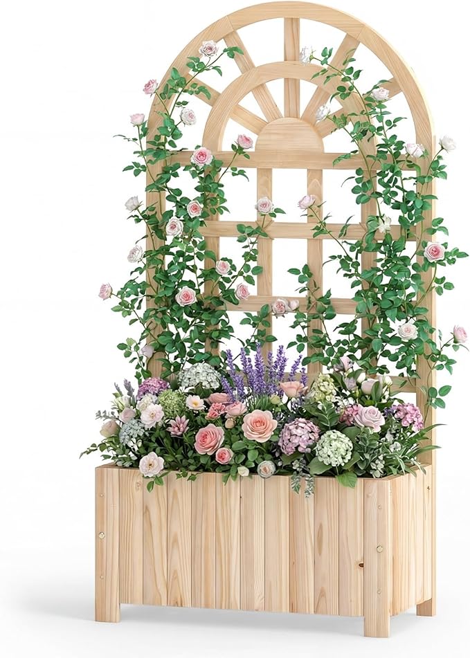 BECOMFORT 48”H Raised Garden Bed with Arched Trellis Fir Wood Planter Box with Privacy Screen &amp Drainage Holes for Balcony Yard Elevated Outdoor Flower Box for Climbing Plants Vegetables &amp