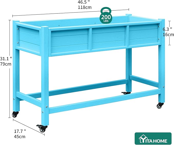 YITAHOME Raised Garden Bed HDPE 47x18x31In Raised Flower Bed Poly-Wood Weather-Resistant Elevated Planter Box with Lockable Wheels for Vegetables Aruba Blue
