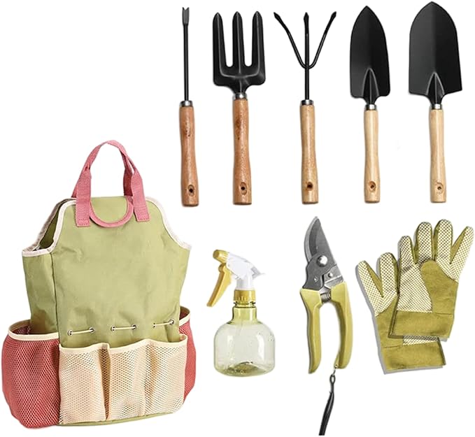 9 Piece Garden Tool Set with Bag Heavy Duty Gardening Tools for Outdoor Planting