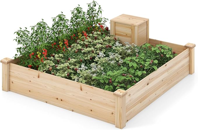 Giantex Raised Garden Bed 49x49x10 Wood Planter Box Kit w/Compost Bin &amp Open-Ended Bottom for Vegetables Flowers Herbs Fruits Elevated Square Planting Bed for Patio Backyard Garden
