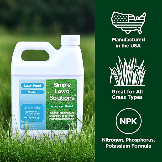 Advanced 16-4-8 Lawn Fertilizer - Liquid Lawn Food Spring &amp Summer Concentrated Spray - Any Grass Type- Fish and Seaweed Kelp- Balanced NPK - Simple Lawn Solutions (64 Ounce)