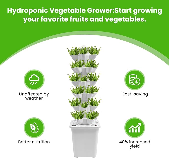6-Tier Hydroponic Grow Tower Kit 30 Holes Planting Sites Indoor Garden System with Water Pump Self-Watering Vertical Gardening Kit for Lettuce Herbs Strawberries Vegetables Flowers 34H White