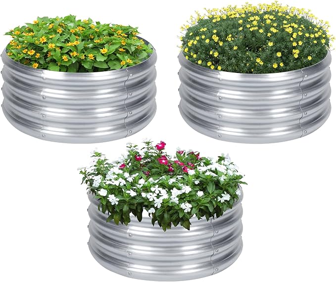PINPON 3 Pack 2x2x1ft Round Galvanized Raised Garden Bed Outdoor Silver Metal Planter Box for Vegetables Herbs Flowers