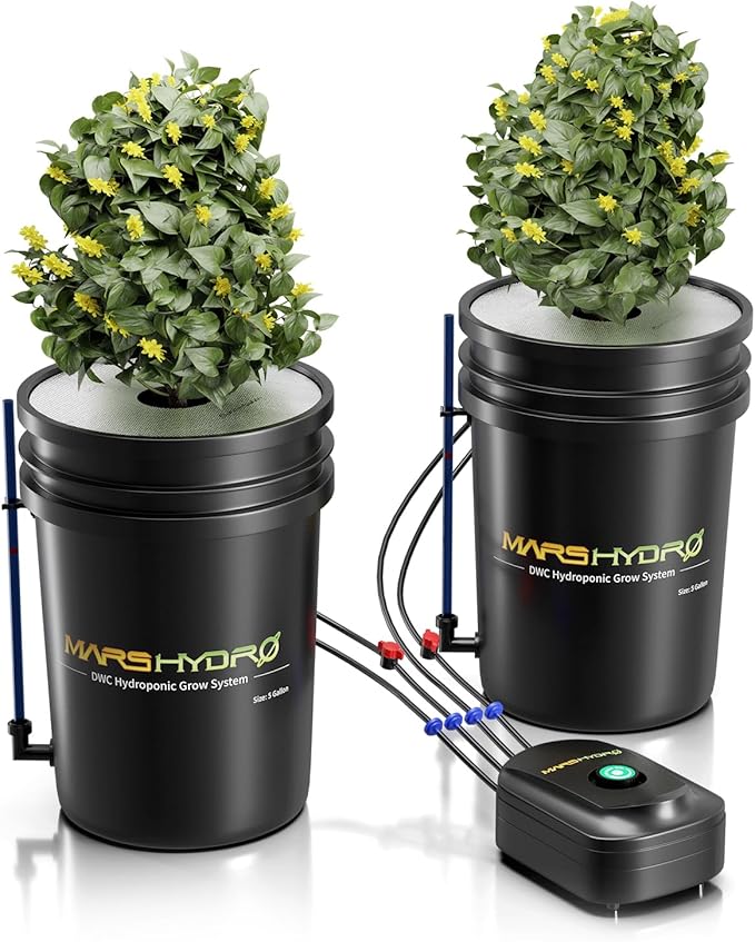 Mars Hydro DWC Hydroponics Grow System 5 Gallon Deep Water Culture with 8W Air Pump Multi-Purpose Air Hose Air Stone 2 Buckets and Top Drip Kit