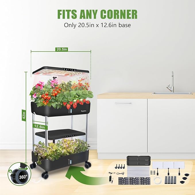 44-Pod Indoor Hydroponic Growing System + 3 Free Seeds Starter Kit (Lettuce Salad Mixed Basil Seeds) – Dual 53W Full-Spectrum LED 10-L Water Tank 2-Tier Grow Pods (44 Pods)