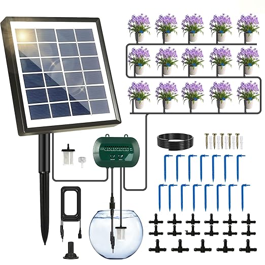 Breeze Touch 50FT Automatic Solar Drip Irrigation System Drip Irrigation Kit with 12 Timing Modes Supported 15 Pots Indoor/Outdoor Irrigation System for Garden Balcony &amp Patio Watering System