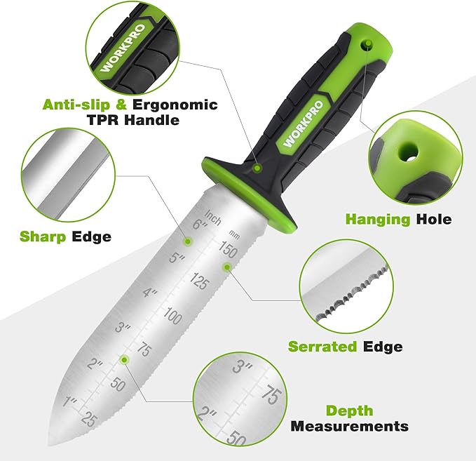 WORKPRO 5PCS Garden Tool Set with Hori Hori Garden Knife Set Gardening Tool Set with Repotting Mat 7 Stainless Steel Blade with Cutting Edge Ideal Gardening Gift
