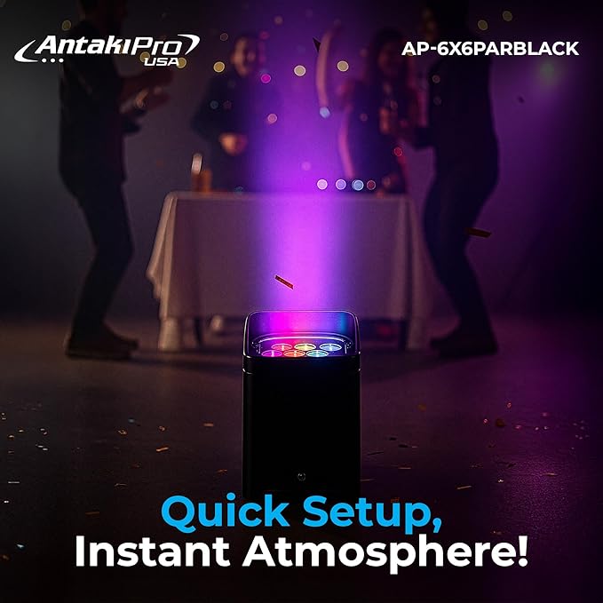 Portable 6X6 Dynamic Stage Lighting – Wireless Battery LED Par Lights DJ Lighting Party Lights with 6x18W RGBWAUV DMX512 Remote 15°-40° Lens 15h Runtime (Black)