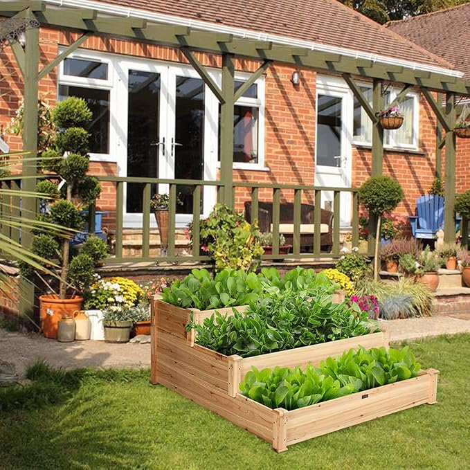 ORALNER 3-Tier Raised Garden Bed Wooden Elevated Flower Bed Planter Box Kit Outdoor Growing Planter Raised Beds for Gardening Vegetables Fruits Herbs 49 L x 49 W x 22 H Natural Brown