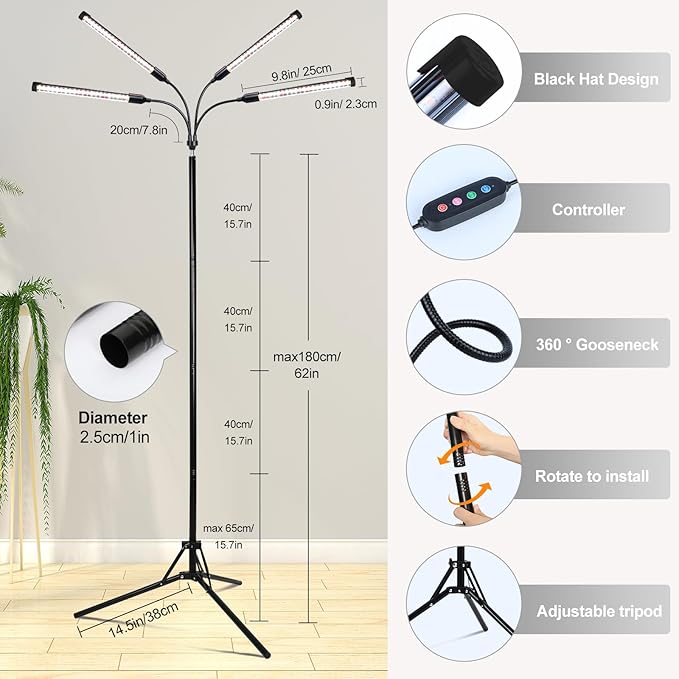 FECiDA 2026 4Head Grow Lights with Upgraded Stand Standing Grow Lights for Indoor Tall Plants Bonsai Tree 4/8/12/16/20 Hr Timer 36 Watt Power Draw NO Need Adapter 24-72 Height Adjustable