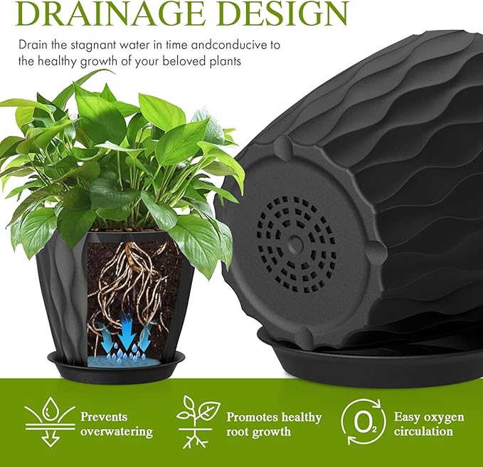 8 Inch Plant Pots with Saucers (4 Pack) - Modern Ribbed Flower Pots for Indoor Plants - Sturdy Decorative Planters for Snake Plant &amp Flowers - Drainage Holes (4 Black)