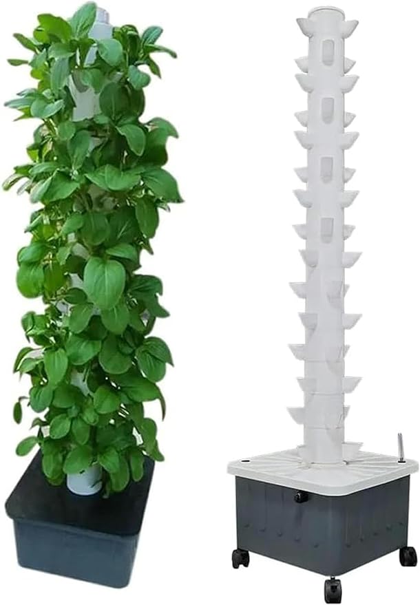 AMNOOL Hydroponic Tower Growing sytem Indoor hydroponic Grow System Vertical Grow Tower 15 Layer 45 Plants Sites with Pump and Movable Water Tank
