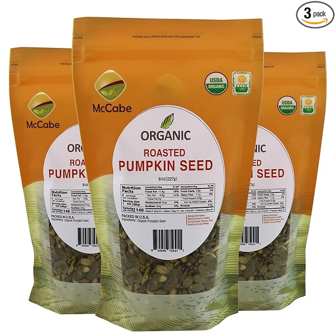 McCabe Organic Roasted Pumpkin Seeds (Unsalted) - Organic Pumpkin Seeds Roasted 8oz (Pack of 3) | Rich with Fiber &amp Minerals | USDA and CCOF Certified | Packed in USA