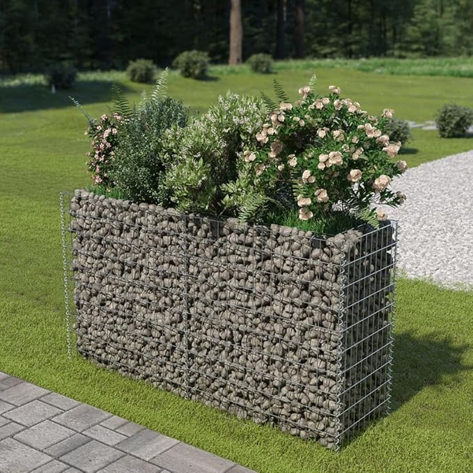 Galvanized Steel Gabion Planter Raised Bed Outdoor Garden Galvanized Steel Wire Mesh Grid Stone Wall Flower Raised Bed for Vegetables Flowers Plants 70.9x19.7x39.4 -AA