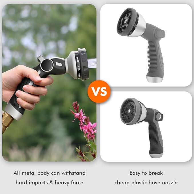 RESTMO Water Hose Nozzle Metal Garden Hose Sprayer Heavy Duty | 9 Spray Patterns | High Pressure | Thumb Flow Control Ideal for Outdoor Lawn &amp Plant Watering Car &amp Pet Washing Silver
