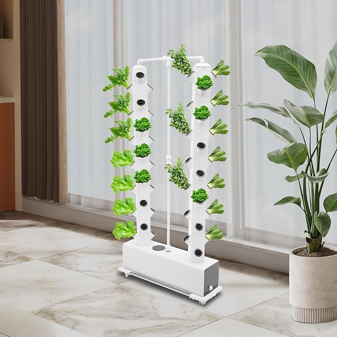 Gdrasuya10 Hydroponic Tower 56 Pods Vertical Planter Tower Large Hydroponics Tower Indoor Herb Garden Planter with 4 Wheels Intelligent Water Circulation &amp Timer Function (White)