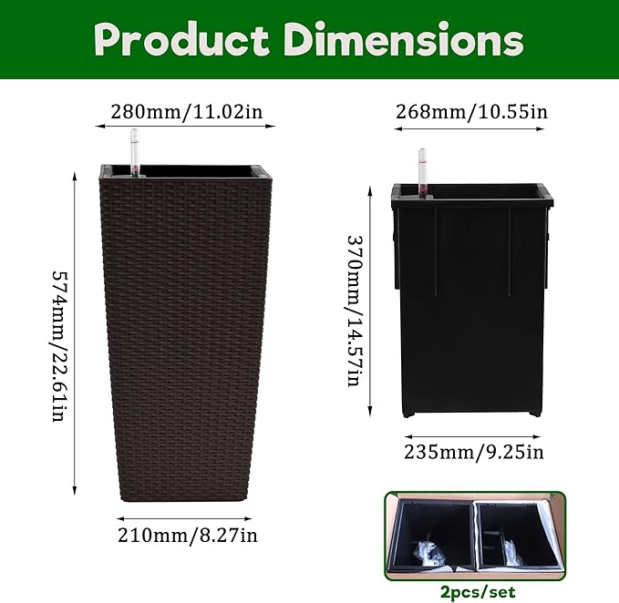 Square Planter for Indoor or Outdoor Use 22 Inch High Faux Rattan Flower Pot with Automatic Watering System for Porch Patio Backyard Makes Keeping Flowers Easier (Pack of 2 Brown)