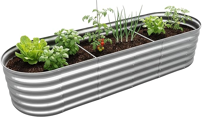 Relaxdays Raised Bed Galvanised Metal for Flowers Plants &amp Vegetables HBT: 45 x 200 x 60 cm Oval Plant Bed Silver