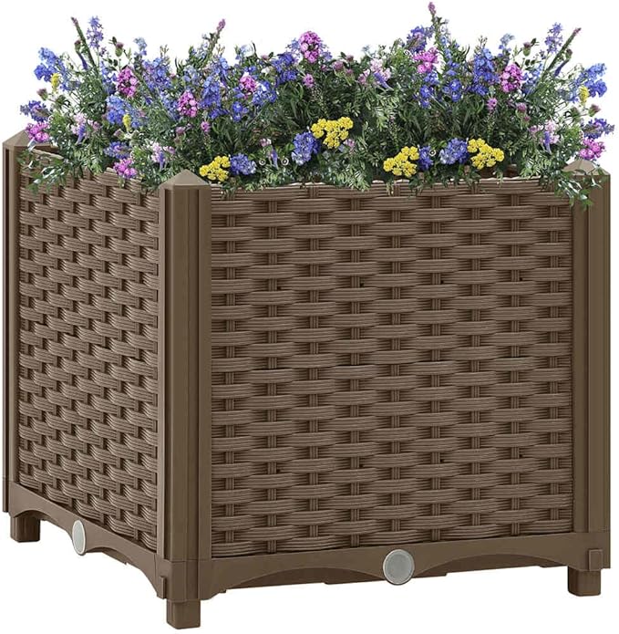 15.7x15.7x15 Brown PP Raised Planter Box for Outdoor Garden Patio &amp Balcony Sturdy Tomato &amp Herb Garden Bed Easy-Assembly Outdoor Planter