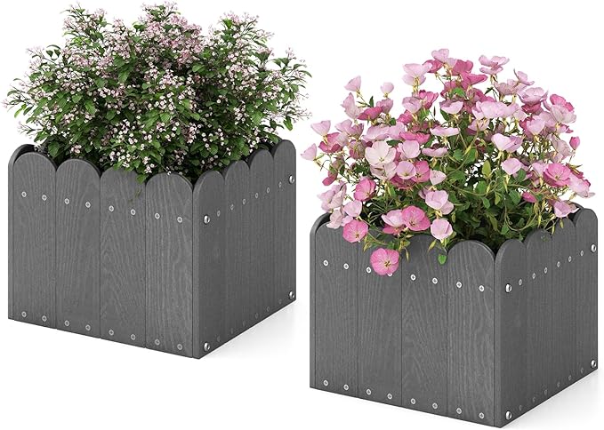 Giantex Set of 2 Raised Garden Bed Weather-Resistant HDPE Planter Boxes with Drain Gaps Square Flower Pots for Vegetables Flowers Fruits Plant Raised Beds for Front Porch Garden Balcony Grey