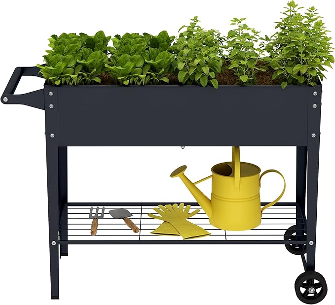 Elevate 2Pcs 32 Tall Raised Garden Bed with WheelPlanter Box for BackyardOutdoor Garden Patio Balcony 400lb CapacityGrey