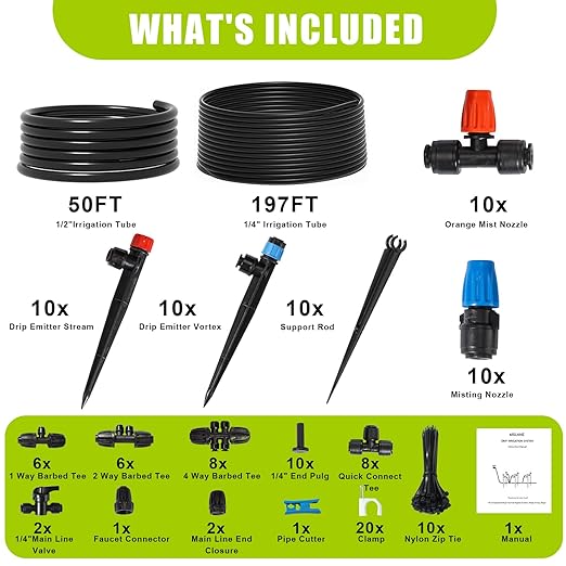 Drip Irrigation Kit Automatic Watering System 247FT Misting Sprinkler DIY Devices with 1/4 &amp 1/2 Tubing Hose Adjustable Nozzle Emitters Quick Connectors for Greenhouse Garden Patio