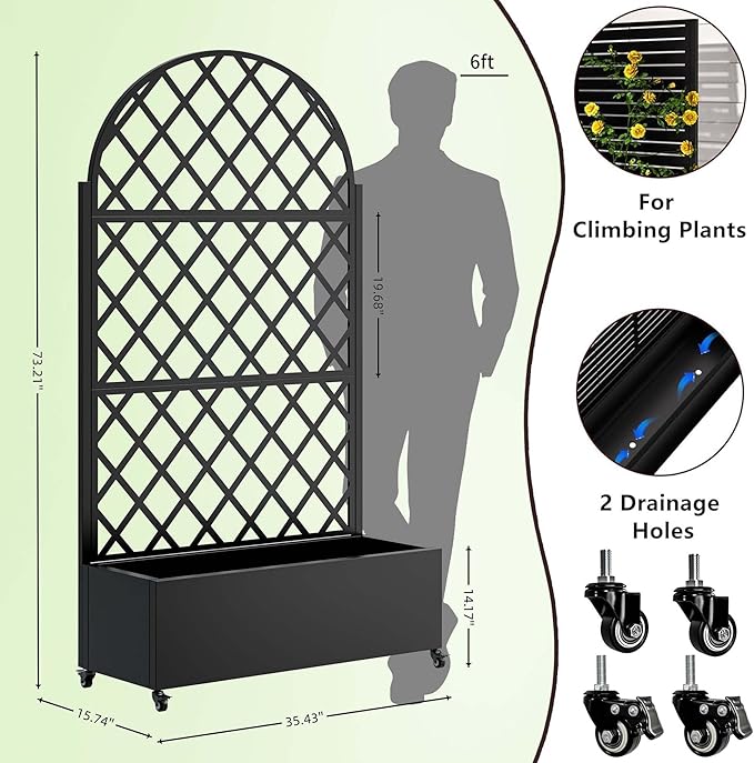 Metal Planter Box with Trellis &amp Wheels Outdoor Privacy Planters for Patio Mobile Raised Garden Bed with Trellis for Climbing Plants Balcony &amp Backyard (Black 2)