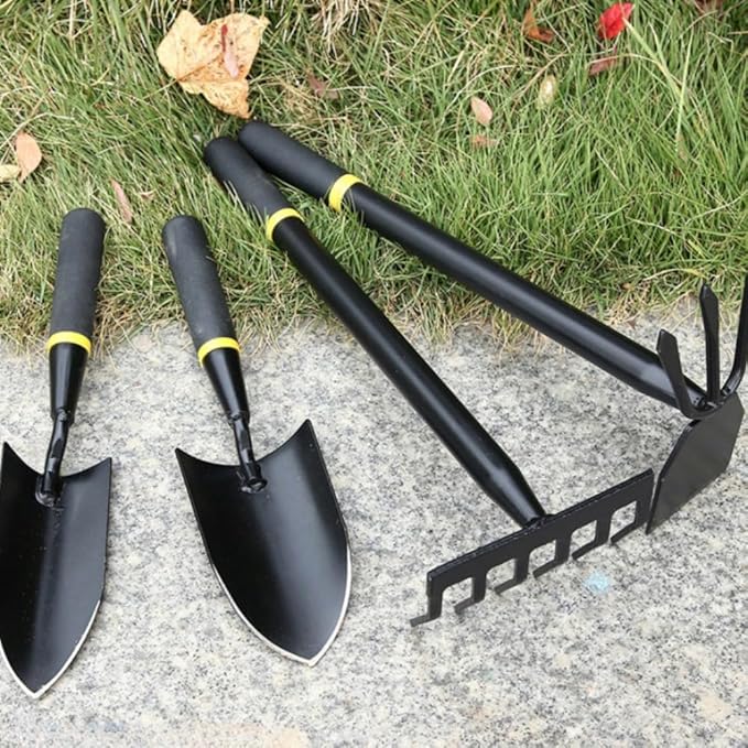 Garden Tool Set 4 PCS Heavy Duty Carbon Steel Gardening Tool Set with Non-Slip Rubber Grip Rake Shovel Outdoor Hand Tools Set Beach Combing Tool Kit Unisex Gifts for Seniors (Hand rake)