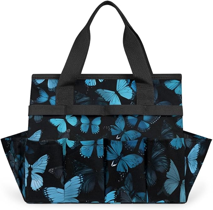 Butterfly Blue Gardening Tool BagHeavy Duty Garden Tote BagPortable Oxford Gardening Storage Basket Organizer Handbag with Pockets HandleHand Tools Gifts for Outdoor Garden Lawn Yard