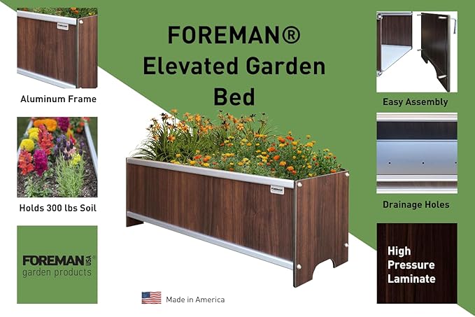 Foreman Raised Garden Bed 10 Year Warranty 36”Lx12”Wx14”H Premium Plastic Wood Grain Aluminum Frame Elevated Planter Box for Backyard Patio Balcony Tosca