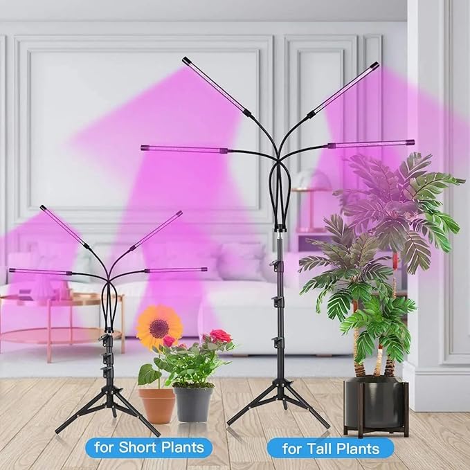 Full Spectrum Grow Lights with Tripod 4/5 Heads LED USB Grow Light 3H/9H/12H Timer 9 Dimmable Brightness Plant Growing Lamps for Indoor Plants Seeding Veg &amp Bloom4 Heads