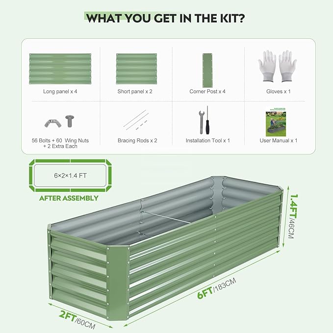 ZORMY 6×2×1.4ft Galvanized Raised Garden Bed Kit Metal Planter Boxes Outdoor High Raised Beds for Vegetables Fruits and Flowers - LotusGreen