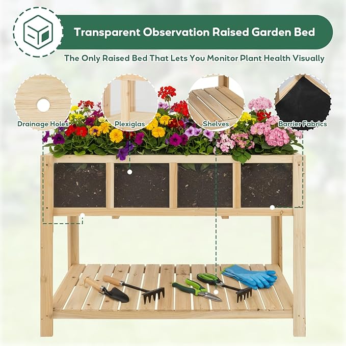 PetsCosset Raised Garden Bed with Legs Elevated Planter Box Stand with Storage Shelf &amp Observation Panels for Backyard Patio Balcony No Bending Design (Natural Wood)