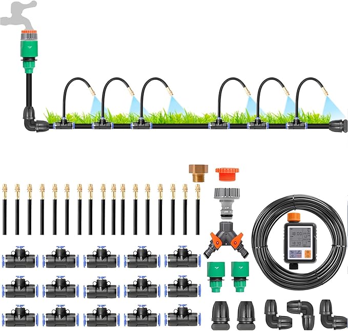 Drip Irrigation System Kit - Automatic Garden Watering System with 360-Degree Bending Dropper Atomizing Copper Nozzle &amp Smart Irrigation Controller for Gardens and Greenhouses