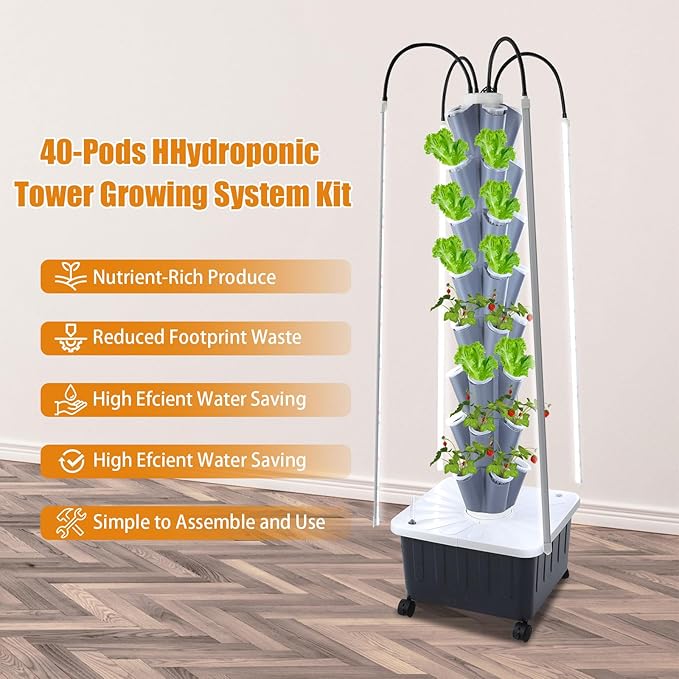 Hydroponics Growing System Tower Kit with Led Light 40pods Vertical Hydroponic Tower 8 Layer Hydroponics Tower Indoor Garden for Herbs Fruits and Vegetables (Black)