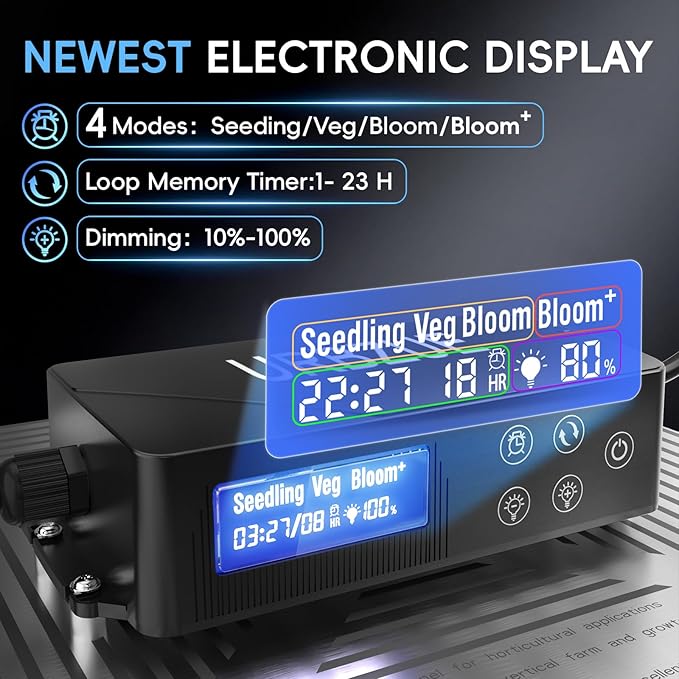 Grow Lights for Indoor Plants Really Full Spectrum LED Grow Light-Built in UV395nm with LM218B+ Diodes (544 Pcs)Hd Digital 4 Modes(Seed Starting Veg Bloom Bloom+) 24H Timing (60W)