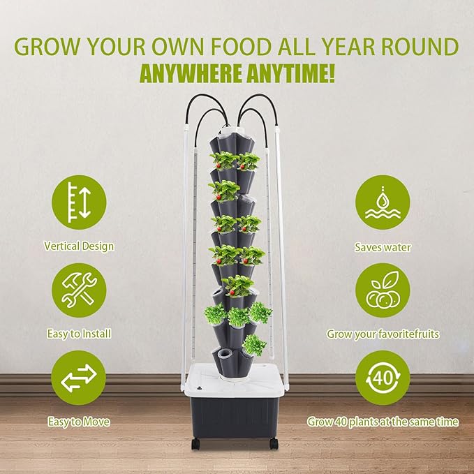 Hydroponics Growing System Tower Kit with Led Light 40pods Vertical Hydroponic Tower 8 Layer Hydroponics Tower Indoor Garden for Herbs Fruits and Vegetables (Black)