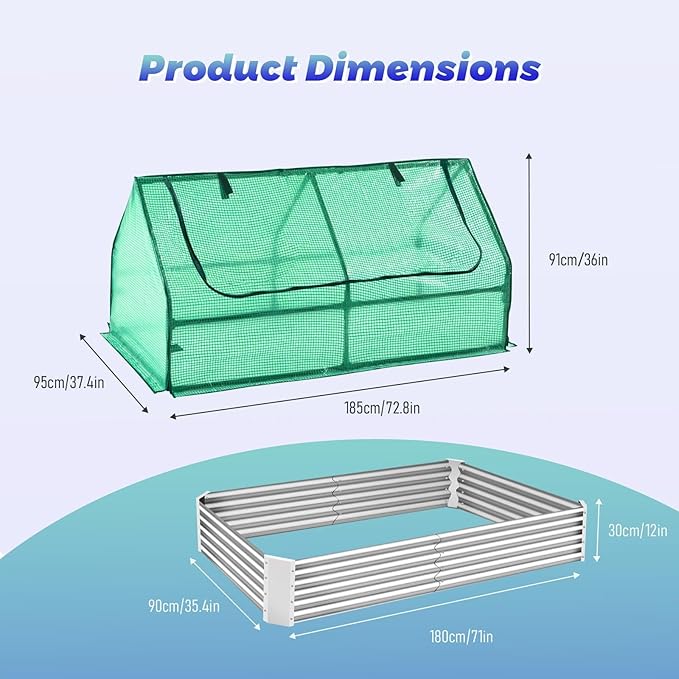 Galvanized Steel Raised Garden Bed with Mini Greenhouse Outdoor Metal Planter Box Kit with Large Roll-up Cover 73x 38x 36 Planter Raised Bed for Flower Vegetable Fruit (Green)