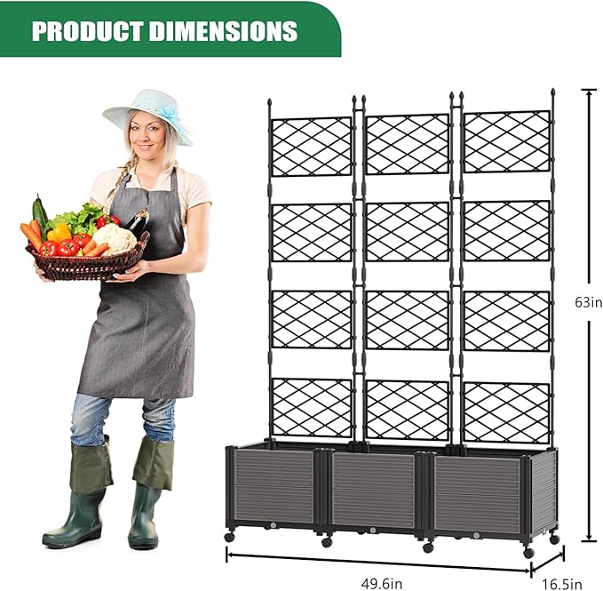 SUNYRISY Planter Box Privacy Screen with Wheels and Trellis Tomato Planter Boxes Vertical Garden Box for Climbing Vegetables and Flowers Raised Garden Bed for Indoor/Outdoor