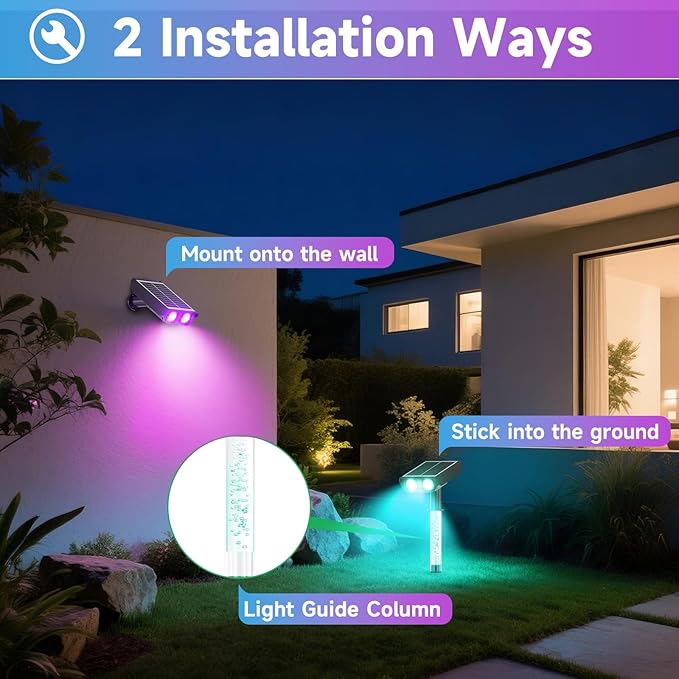 Color Changing Solar Spot Lights Outdoor with PC Light Guide Column 8 Lighting Modes Christmas Landscape Spotlights IP65 Waterproof RGB Solar Spotlights for Garden Yard Tree Pathway 12Pack