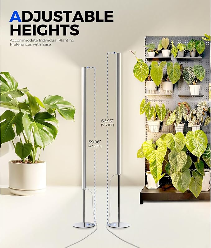 Barrina T1S Standing Grow Light for Indoor Plants with Timer 65W 660nm High PPFD Tera Series Vertical Full Spectrum Grow Lights Adjustable Height 5FT-5.6FT Foot Switch Non-Glare Design Silver