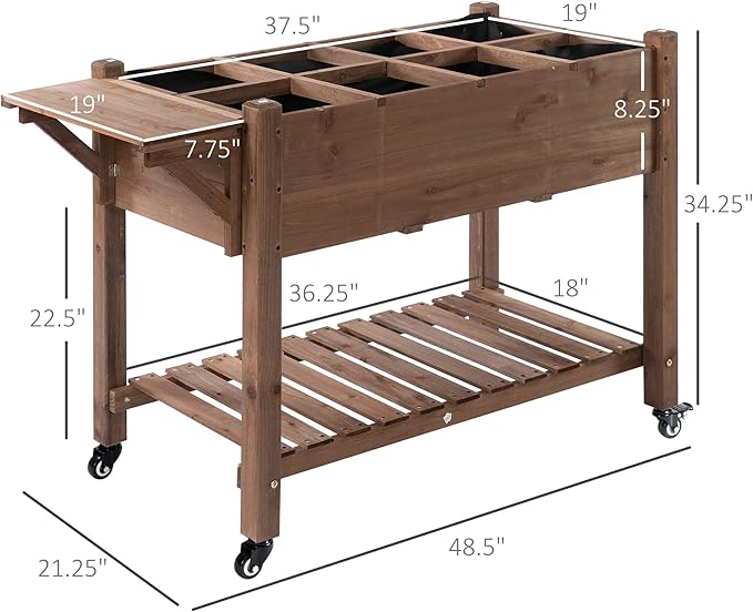 Raised Garden Bed with 8 Grow Grids Wooden Outdoor Plant Box Stand with Folding Side Table and Wheels 49 x 21 x 34 for Vegetables Flowers Herbs Brown