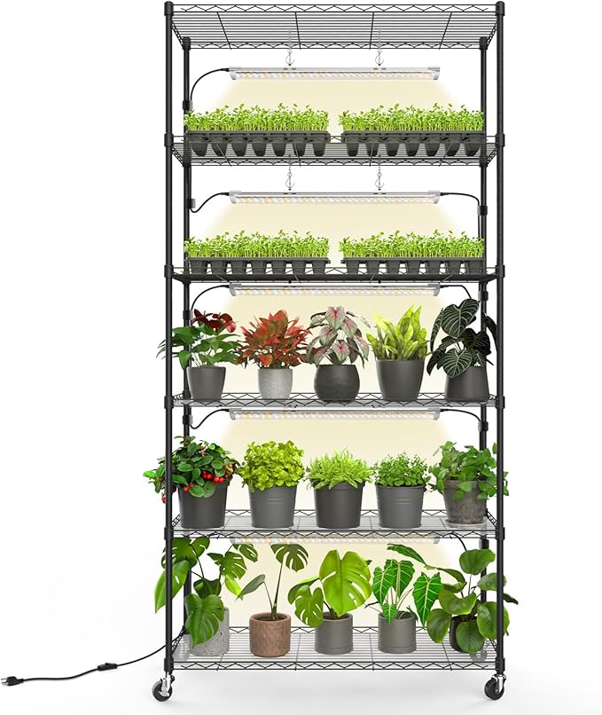 Bstrip Plant Shelf with Grow Light Metal Plant Stand with Adjustable Rack and Wheels 5 Pack T8 Full Spectrum Grow Light Strip for Indoor Plants Seed Starting Seed Tray 35.4x13.8x71