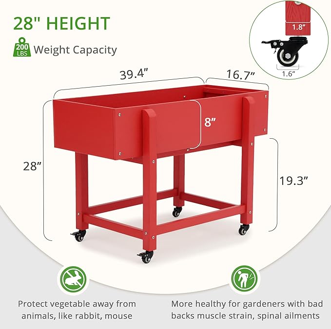 LUE BONA Raised Garden Bed with Wheels 39.4 * 16.7 * 28 in Poly Elevated Outdoor Planter Box with Tools Weather Resistant Standing Growing Bed Herb Planter for Vegetable Flowers Fruits