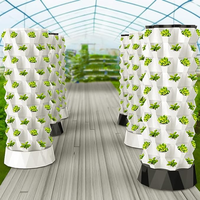 Hydroponics Tower Aquaponics Grow System Aeroponics Growing Kit for Fruits and Vegetables with Hydrating Pump Timer Adapter Seeding Bed &amp Net Pots 64holes