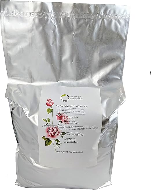 Greenway Biotech Inc. Organic Alfalfa Meal Fertilizer 2.5-0-2.5 | Rose &amp Vegetable Plant Food with Triacontanol Growth Stimulant | Non-GMO Phosphorus-Free | 2 X 15 Pounds