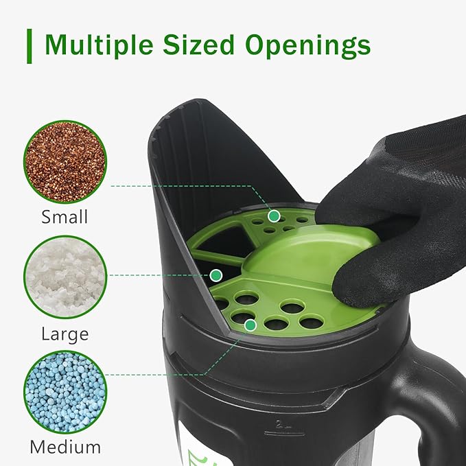 Hand held Spreader Seed Spreader for Ice Melt Grass Seed Fertilizer Lawn and Garden. Multiple Adjustable Opening Sizes for SaltIce Melt Up to 80 Oz