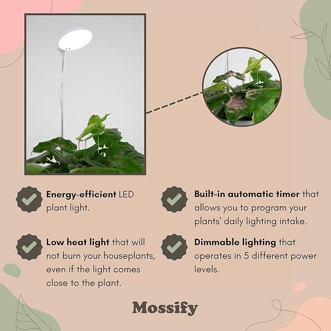 Mossify LED Grow Lights for Indoor Plants Full Spectrum – Adjustable Height (8”-28”) Dimmable Brightness Programmable Timer Long Lifespan – Ideal Grow Lights for Healthy Plant &amp Houseplants (Bl